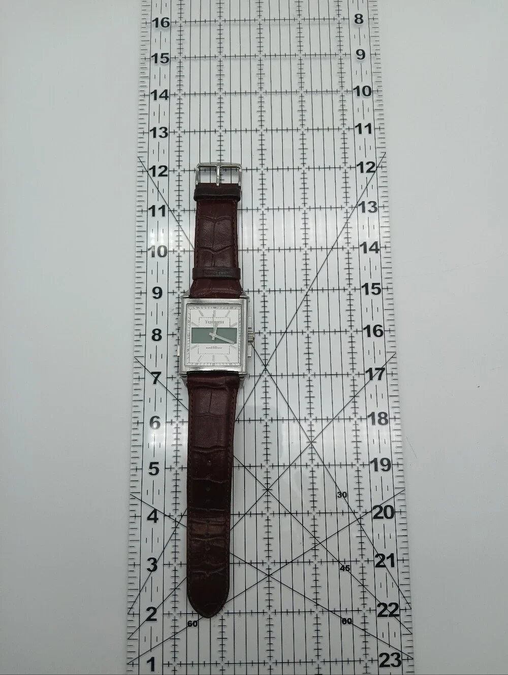 Triumph Rectangular Silver Tone Watch with Brown Leather Strap Very Rare